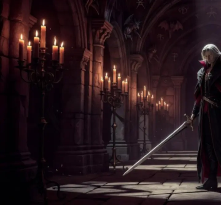 Alucard standing in Dracula's castle corridor