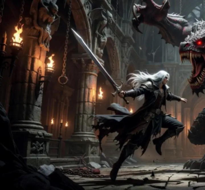 Intense boss battle moment with Alucard facing a towering monster.