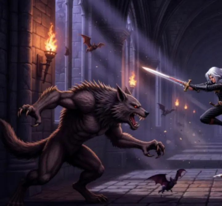 Alucard dashes through a candle-lit castle hall filled with gothic arches.