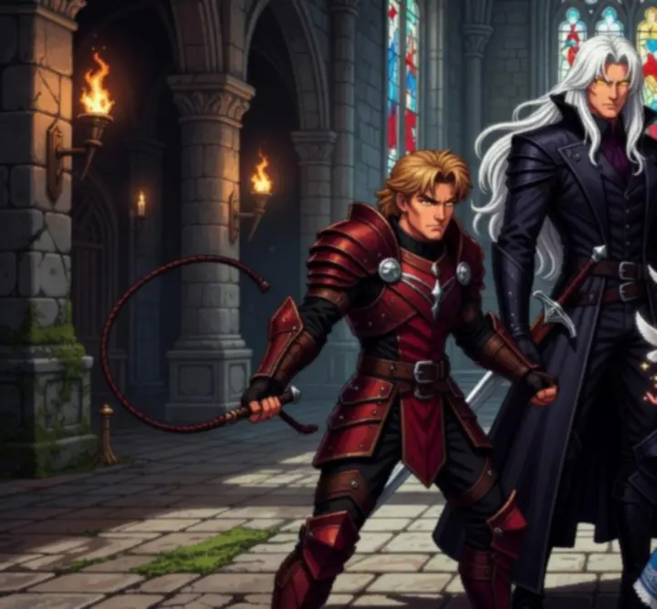 Key Castlevania: Symphony of the Night characters including Alucard, Richter Belmont, Maria Renard, and Dracula