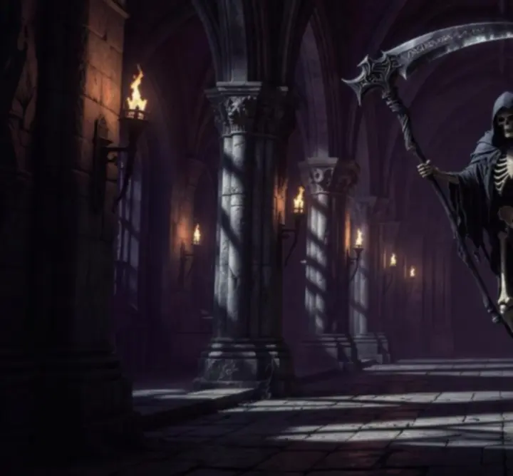 Death floating in a shadowy castle hall