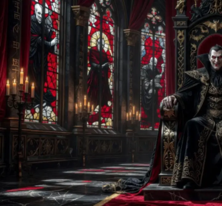 Dracula seated in his gothic throne room