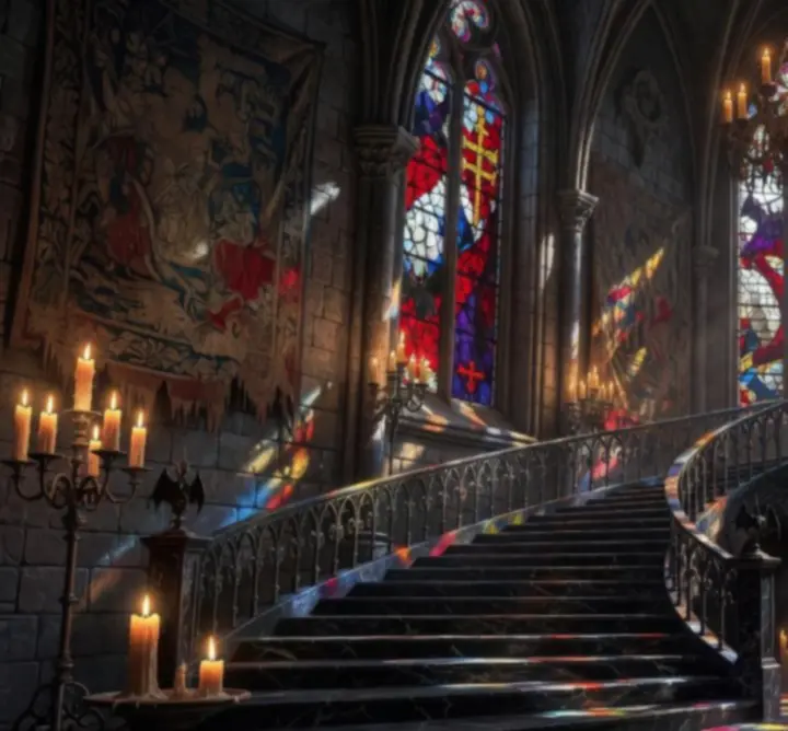 Gothic interior of Dracula's castle with arches, stained glass, and flickering torches.